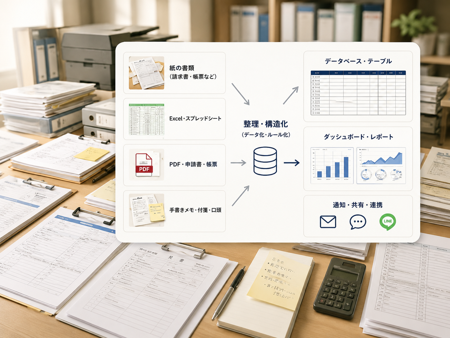 紙資料が整理され、データベースやレポートに変わる流れ
